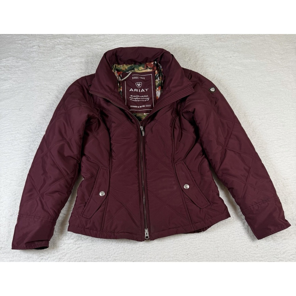 Ariat Womens S Quilted Jacket Burgundy Equestrian Fox Hunt Horse Print Lined